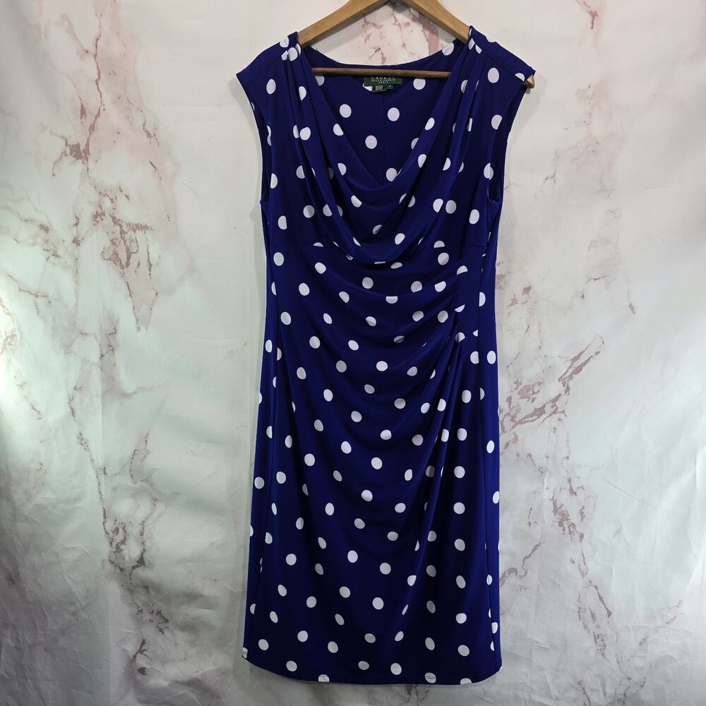 Lauren Ralph Lauren Dress Womens Large 14 Blue White Polka Dot Cobalt Royal Ruch